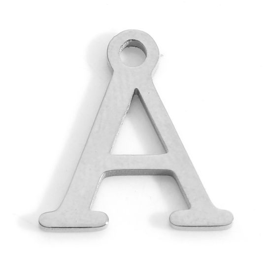 Picture of 304 Stainless Steel Charms Silver Tone Initial Alphabet/ Capital Letter Message " A " 12mm x 11mm, 3 PCs