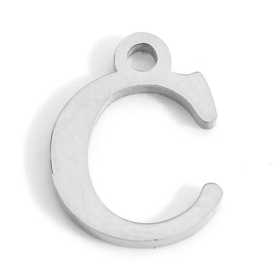 Picture of 304 Stainless Steel Charms Silver Tone Initial Alphabet/ Capital Letter Message " C " 12mm x 9mm, 3 PCs