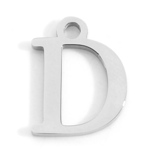 Picture of 304 Stainless Steel Charms Silver Tone Initial Alphabet/ Capital Letter Message " D " 12mm x 9mm, 3 PCs