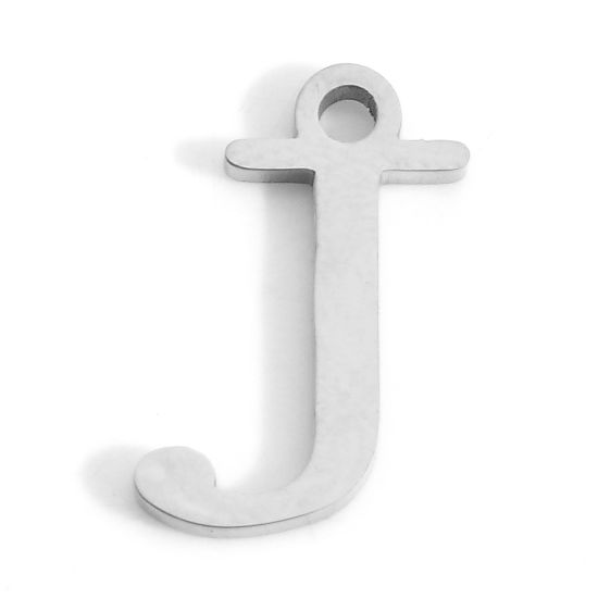 Picture of 304 Stainless Steel Charms Silver Tone Initial Alphabet/ Capital Letter Message " J " 14mm x 9mm, 3 PCs