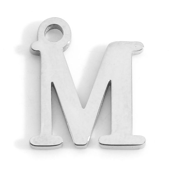 Picture of 304 Stainless Steel Charms Silver Tone Initial Alphabet/ Capital Letter Message " M " 12mm x 10mm, 3 PCs