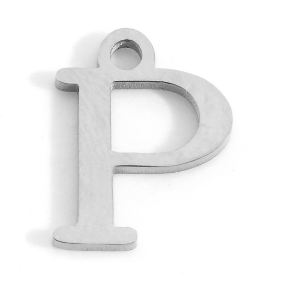 Picture of 304 Stainless Steel Charms Silver Tone Initial Alphabet/ Capital Letter Message " P " 12mm x 9mm, 3 PCs