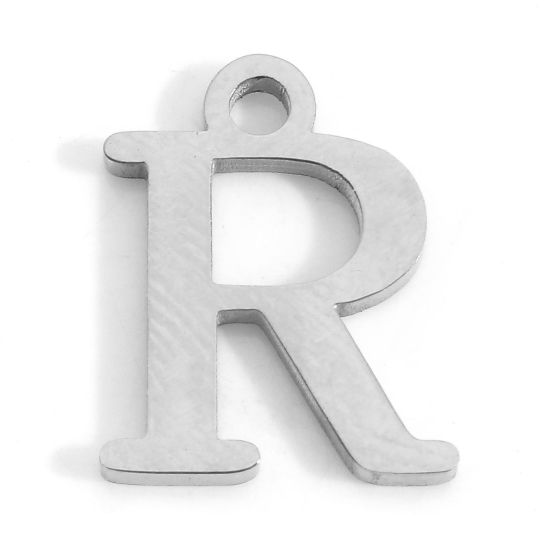 Picture of 304 Stainless Steel Charms Silver Tone Initial Alphabet/ Capital Letter Message " R " 12mm x 9.5mm, 3 PCs