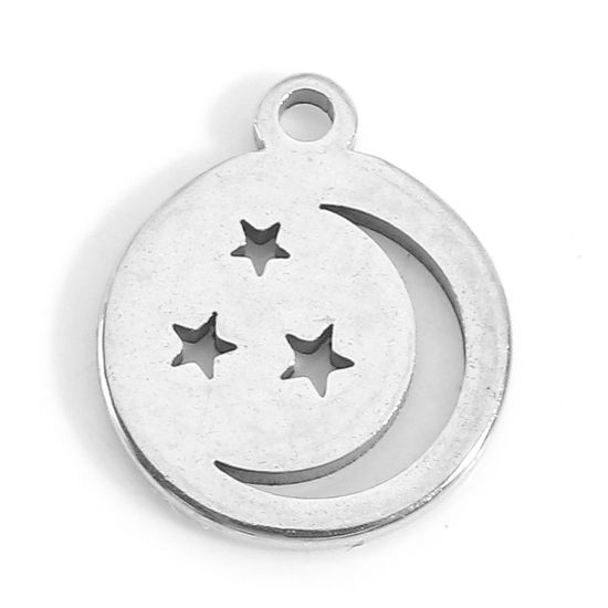 Picture of 201 Stainless Steel Charms Silver Tone Round Moon Hollow 11mm x 9mm, 5 PCs