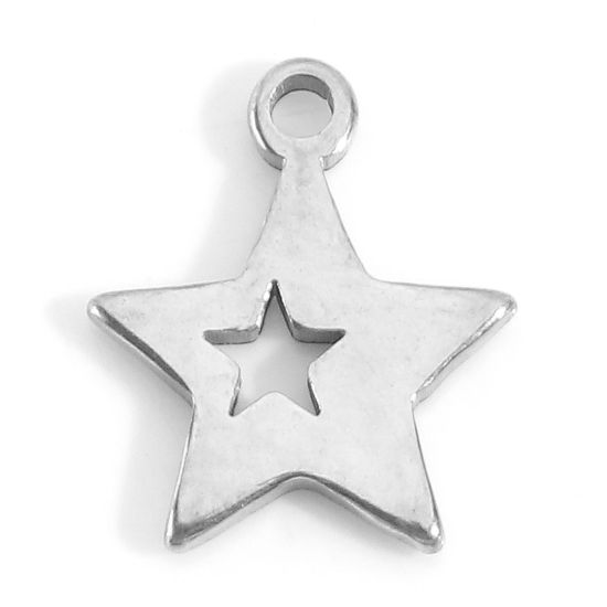 Picture of 201 Stainless Steel Charms Silver Tone Pentagram Star Hollow 10mm x 9mm, 5 PCs