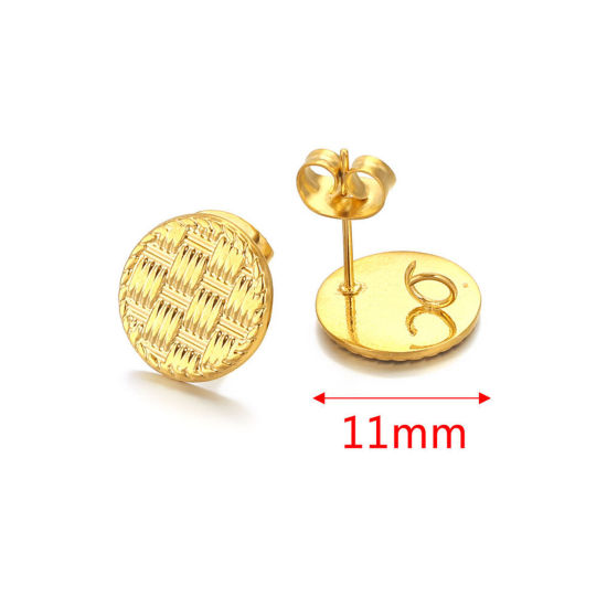 Picture of 304 Stainless Steel Ear Post Stud Earring With Loop Connector Accessories Round 18K Gold Plated Weave Textured 11mm Dia., Post/ Wire Size: (21 gauge), 1 Piece
