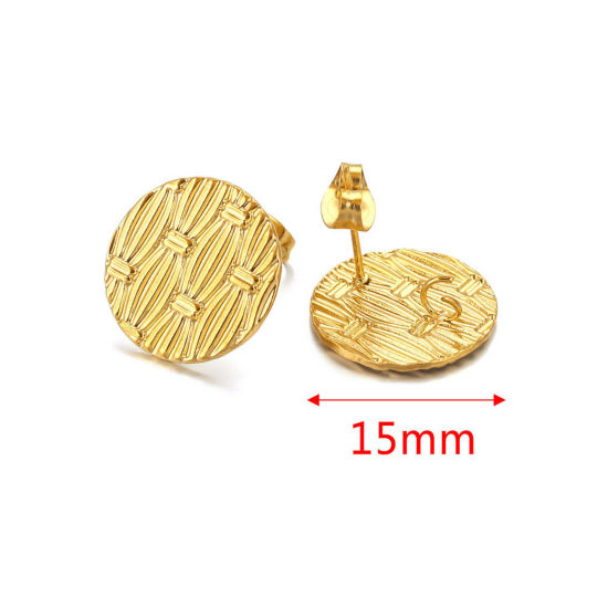 Picture of 304 Stainless Steel Ear Post Stud Earring With Loop Connector Accessories Round 18K Gold Plated Weave Textured 15mm Dia., Post/ Wire Size: (21 gauge), 2 PCs