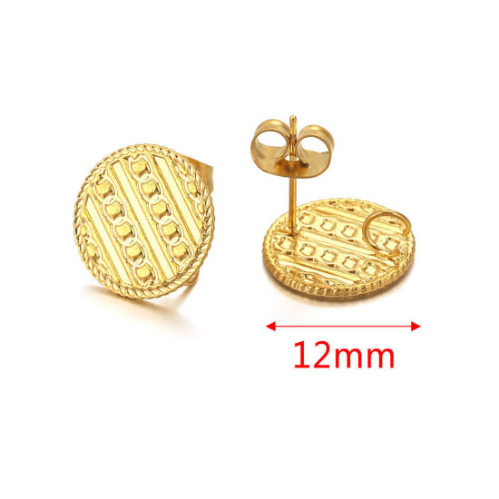 Picture of 304 Stainless Steel Ear Post Stud Earring With Loop Connector Accessories Round 18K Gold Plated Weave Textured 12mm Dia., Post/ Wire Size: (21 gauge), 2 PCs