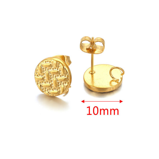 Picture of 304 Stainless Steel Ear Post Stud Earring With Loop Connector Accessories Round 18K Gold Plated Weave Textured 10mm Dia., Post/ Wire Size: (21 gauge), 2 PCs