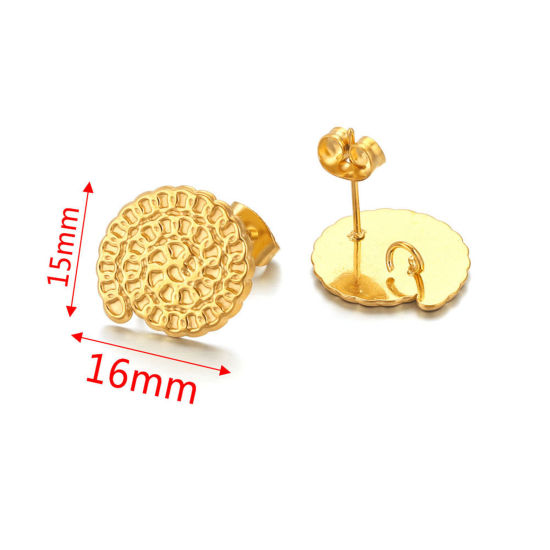 Picture of 304 Stainless Steel Ear Post Stud Earring With Loop Connector Accessories Round 18K Gold Plated Weave Textured 16mm Dia., Post/ Wire Size: (21 gauge), 2 PCs