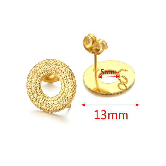 Picture of 304 Stainless Steel Ear Post Stud Earring With Loop Connector Accessories Round 18K Gold Plated Weave Textured 13mm Dia., Post/ Wire Size: (21 gauge), 2 PCs