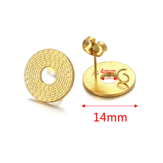 Picture of 304 Stainless Steel Ear Post Stud Earring With Loop Connector Accessories Round 18K Gold Plated Weave Textured 14mm Dia., Post/ Wire Size: (21 gauge), 2 PCs
