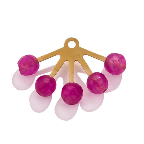 Picture of 304 Stainless Steel & Gemstone Boho Chic Bohemia Charms 18K Gold Color Fuchsia Fan-shaped 29mm x 19mm, 1 Piece