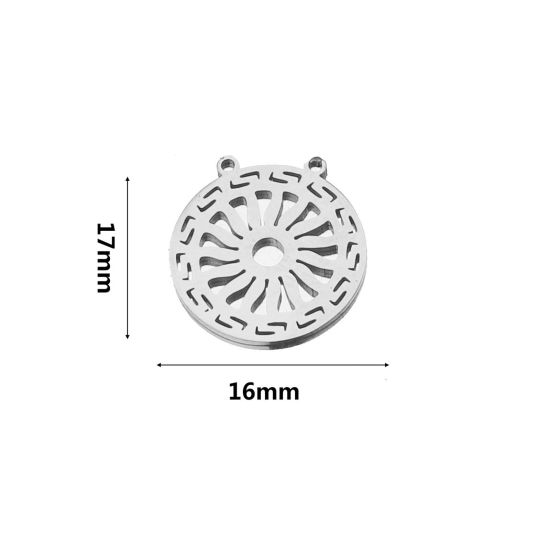 Image de Connecteurs Pendentifs Breloques en 304 Acier Inoxydable Style Bohème Argent Mat Rond Creux 17mm x 16mm, 2 Pcs