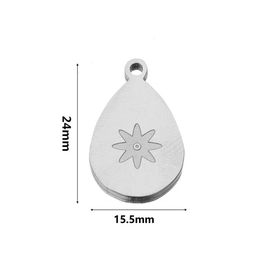 Image de Breloques en 304 Acier Inoxydable Style Bohème Argent Mat Goutte d'Eau 24mm x 15.5mm, 2 Pcs