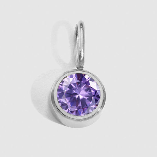 Picture of 316 Stainless Steel Birthstone Charms Silver Tone Round February Violet Rhinestone 8mm Dia., 1 Piece