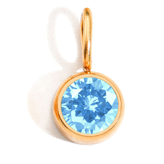 Picture of 1 Piece Eco-friendly PVD Vacuum Plating 316 Stainless Steel Birthstone Charms 14K Gold Plated Round March Light Blue Rhinestone 8mm Dia.