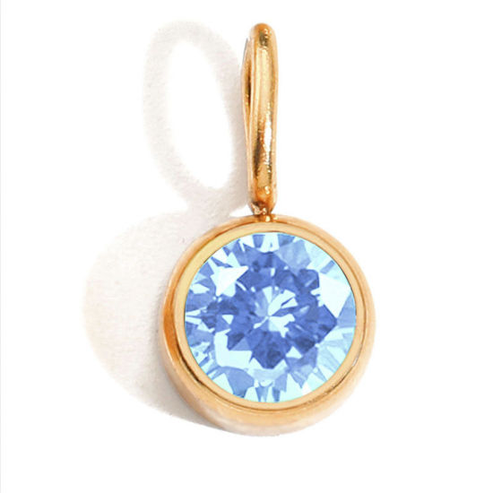 Picture of 316 Stainless Steel Birthstone Charms 14K Real Rose Gold Plated Round March Light Blue Rhinestone 8mm Dia., 1 Piece