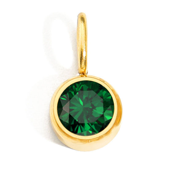 Picture of 1 Piece Eco-friendly PVD Vacuum Plating 316 Stainless Steel Birthstone Charms 14K Gold Plated Round May Green Rhinestone 8mm Dia.