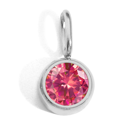 Picture of 316 Stainless Steel Birthstone Charms Silver Tone Round July Fuchsia Rhinestone 8mm Dia., 1 Piece