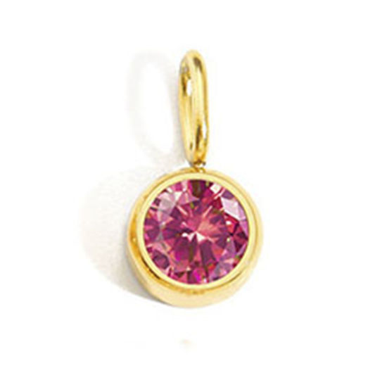 Picture of 1 Piece Eco-friendly PVD Vacuum Plating 316 Stainless Steel Birthstone Charms 14K Gold Plated Round July Fuchsia Rhinestone 8mm Dia.