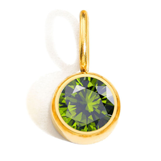 Picture of 1 Piece Eco-friendly PVD Vacuum Plating 316 Stainless Steel Birthstone Charms 14K Gold Plated Round August Light Green Rhinestone 8mm Dia.