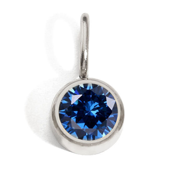 Picture of 316 Stainless Steel Birthstone Charms Silver Tone Round September Royal Blue Rhinestone 8mm Dia., 1 Piece