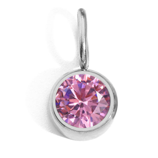 Picture of 316 Stainless Steel Birthstone Charms Silver Tone Round October Pink Rhinestone 8mm Dia., 1 Piece