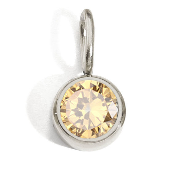 Picture of 316 Stainless Steel Birthstone Charms Silver Tone Round November Light Yellow Rhinestone 8mm Dia., 1 Piece