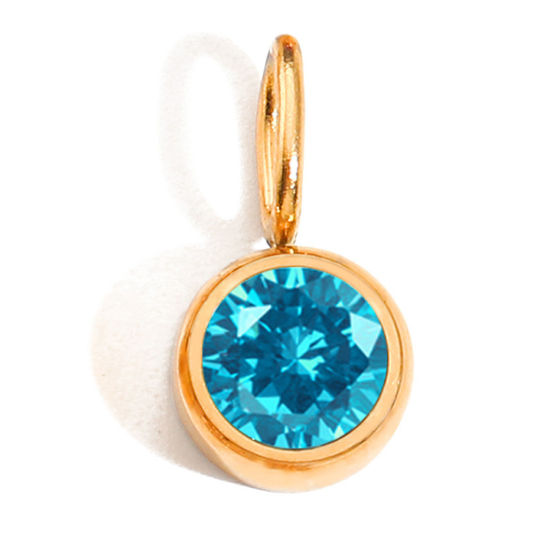 Image de Breloques en 316 Acier Inoxydable Pierres de Naissance Rond Plaqué Or Rose Véritable 14K décembre à Strass Lac Bleu 8mm Dia., 1 Pièce