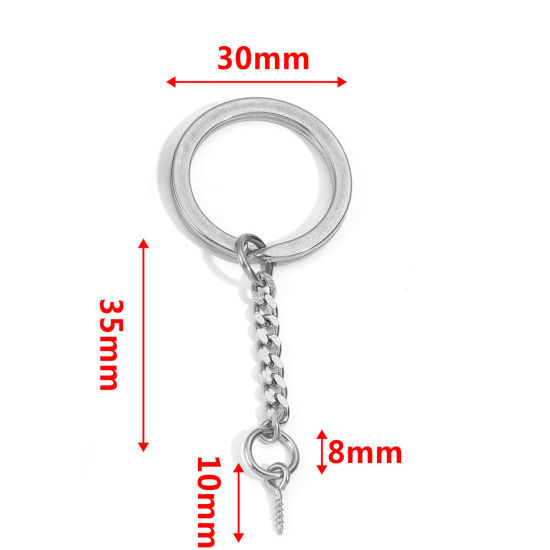 Picture of 304 Stainless Steel Keychain & Keyring Round Silver Tone 30mm Dia., 5 PCs
