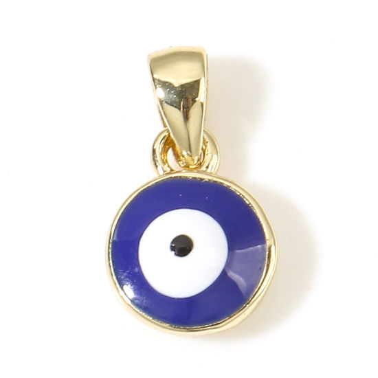 Image de Breloques Religieux en Laiton Rond Plaqué Or Véritable 18K Bleu Foncé Œil Mauvais Émail 14.5mm x 8mm, 1 Pièce