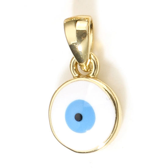 Image de Breloques Religieux en Laiton Rond Plaqué Or Véritable 18K Blanc Œil Mauvais Émail 14.5mm x 8mm, 1 Pièce