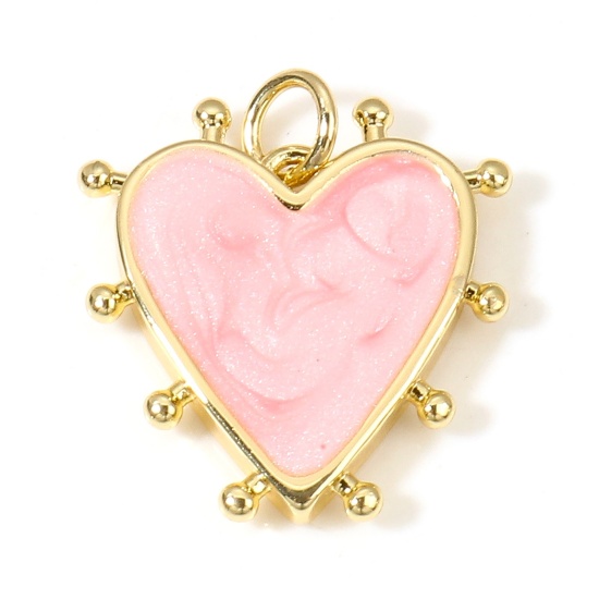 Image de Breloques La Saint Valentin en Laiton Cœur Plaqué Or Véritable 18K Rose Perlaire Émail 19mm x 18mm, 1 Pièce