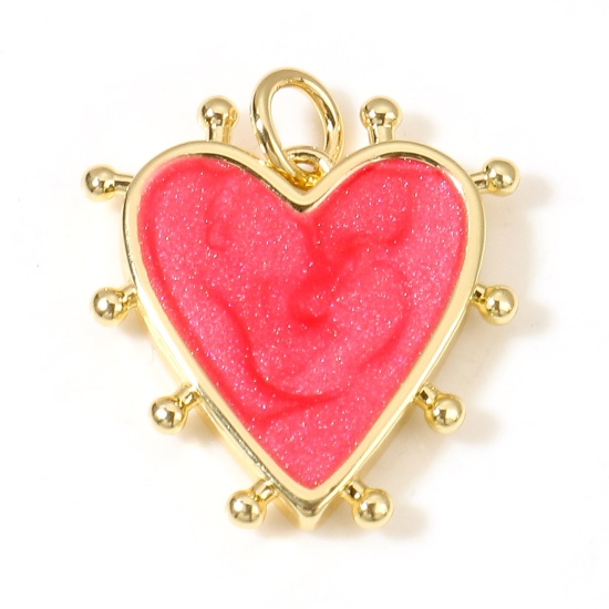 Image de Breloques La Saint Valentin en Laiton Cœur Plaqué Or Véritable 18K Rouge Perlaire Émail 19mm x 18mm, 1 Pièce