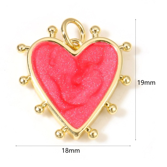 Image de Breloques La Saint Valentin en Laiton Cœur Plaqué Or Véritable 18K Rouge Perlaire Émail 19mm x 18mm, 1 Pièce