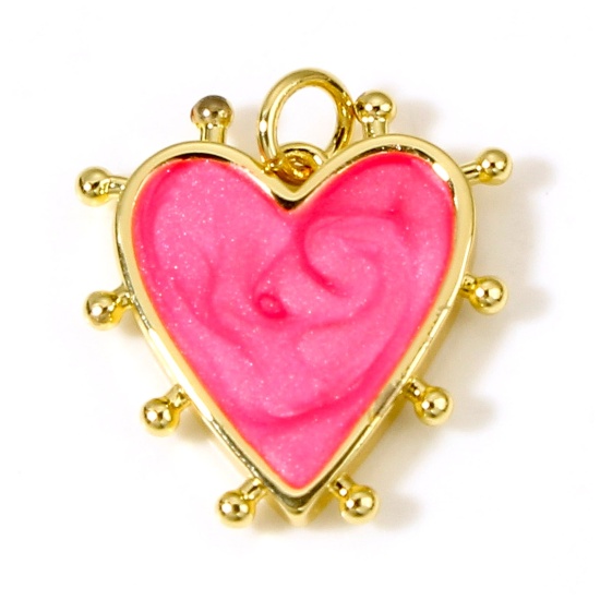 Image de Breloques La Saint Valentin en Laiton Cœur Plaqué Or Véritable 18K Fuchsia Perlaire Émail 19mm x 18mm, 1 Pièce