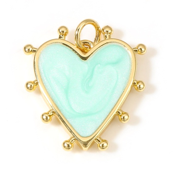 Image de Breloques La Saint Valentin en Laiton Cœur Plaqué Or Véritable 18K Bleu-Vert Perlaire Émail 19mm x 18mm, 1 Pièce
