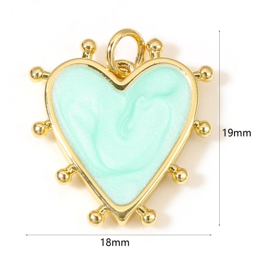 Image de Breloques La Saint Valentin en Laiton Cœur Plaqué Or Véritable 18K Bleu-Vert Perlaire Émail 19mm x 18mm, 1 Pièce
