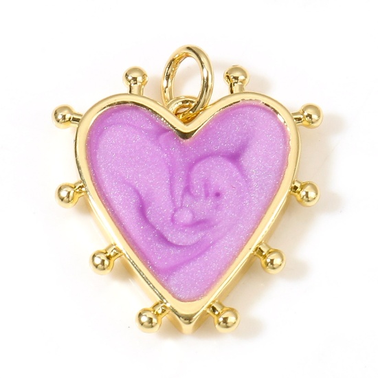 Image de Breloques La Saint Valentin en Laiton Cœur Plaqué Or Véritable 18K Violet Perlaire Émail 19mm x 18mm, 1 Pièce