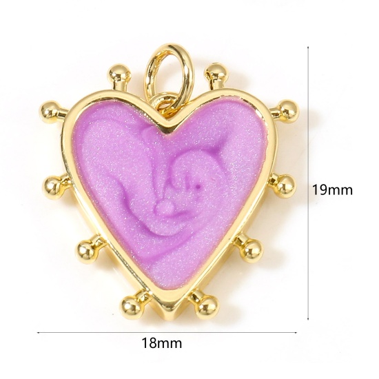 Image de Breloques La Saint Valentin en Laiton Cœur Plaqué Or Véritable 18K Violet Perlaire Émail 19mm x 18mm, 1 Pièce
