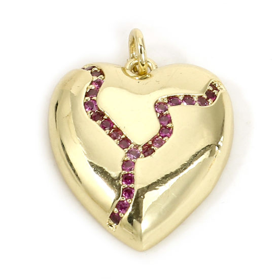 Picture of Brass Valentine's Day 18K Real Gold Plated Heart Micro Pave Fuchsia Cubic Zirconia 23mm x 17.5mm, 1 Piece