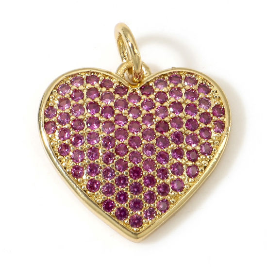 Picture of Brass Valentine's Day 18K Real Gold Plated Heart Micro Pave Fuchsia Cubic Zirconia 18mm x 15.5mm, 1 Piece