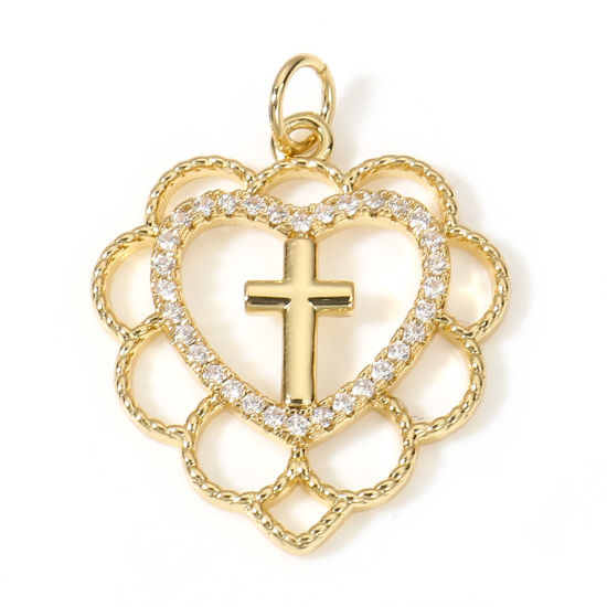 Изображение Латунь религия Подвески Крест 18K настоящее золото с покрытием Сердце ажурная резьба Прозрачный Искусственный Циркон 26мм x 20.5мм, 1 ШТ