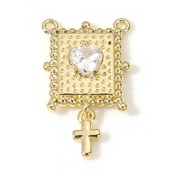 Image de Breloques Religieux en Laiton Cœur Plaqué Or Véritable 18K Croix à Zircone Cubique Clair 22mm x 13mm, 1 Pièce