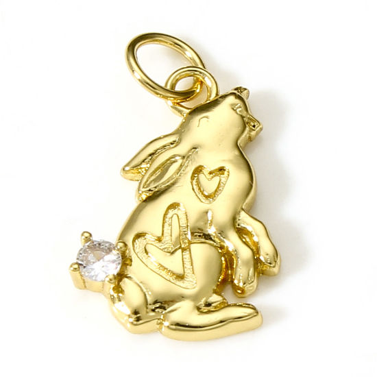 Picture of Brass Easter Day Charms 18K Real Gold Plated Rabbit Animal Clear Cubic Zirconia 19.5mm x 11mm, 1 Piece