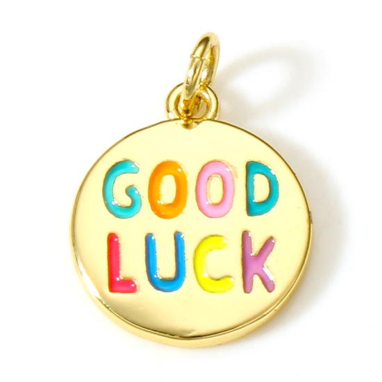 Picture of Brass Positive Quotes Energy Charms 18K Real Gold Plated Multicolor Round Message " GOOD LUCK " Enamel 18.5mm x 13.5mm, 1 Piece