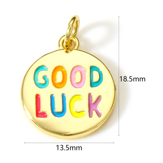 Picture of Brass Positive Quotes Energy Charms 18K Real Gold Plated Multicolor Round Message " GOOD LUCK " Enamel 18.5mm x 13.5mm, 1 Piece