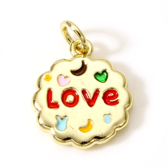 Picture of Brass Valentine's Day Charms 18K Real Gold Plated Multicolor Flower Leaves Message " LOVE " Enamel 18.5mm x 13mm, 1 Piece