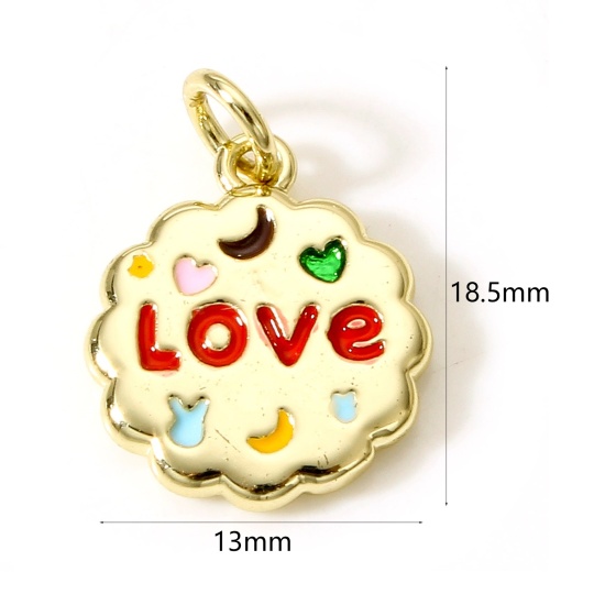 Image de Breloques La Saint Valentin en Laiton Feuilles de Fleur Plaqué Or Véritable 18K Multicolore Mots" LOVE " Émail 18.5mm x 13mm, 1 Pièce